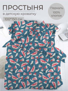 Простыня 100*150 см в детскую кроватку, перкаль, детская расцветка (Арбузики, бирюзовый)